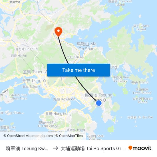 將軍澳 Tseung Kwan O to 大埔運動場 Tai Po Sports Ground map