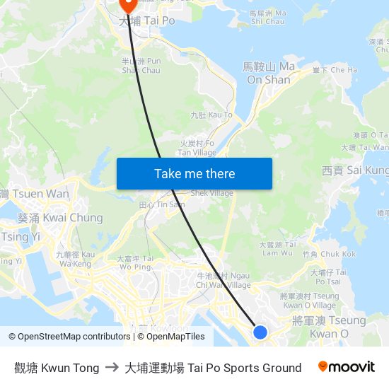觀塘 Kwun Tong to 大埔運動場 Tai Po Sports Ground map