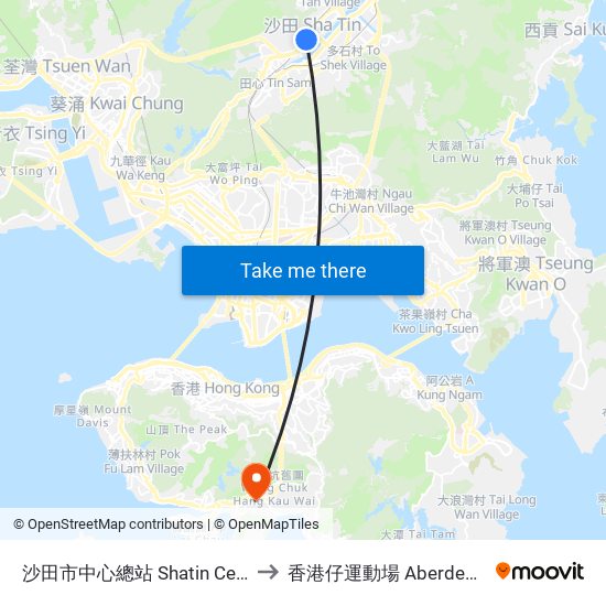 沙田市中心總站 Shatin Central Bus Terminus to 香港仔運動場 Aberdeen Sports Ground map