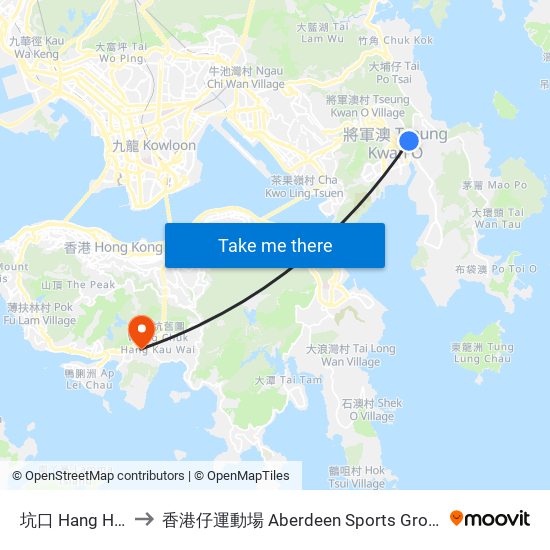 坑口 Hang Hau to 香港仔運動場 Aberdeen Sports Ground map