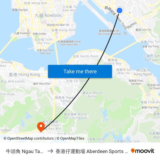 牛頭角 Ngau Tau Kok to 香港仔運動場 Aberdeen Sports Ground map