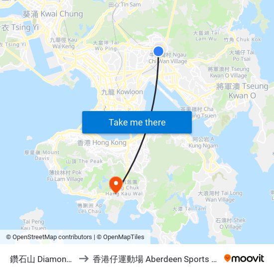 鑽石山 Diamond Hill to 香港仔運動場 Aberdeen Sports Ground map