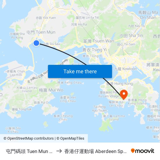 屯門碼頭 Tuen Mun Ferry Pier to 香港仔運動場 Aberdeen Sports Ground map