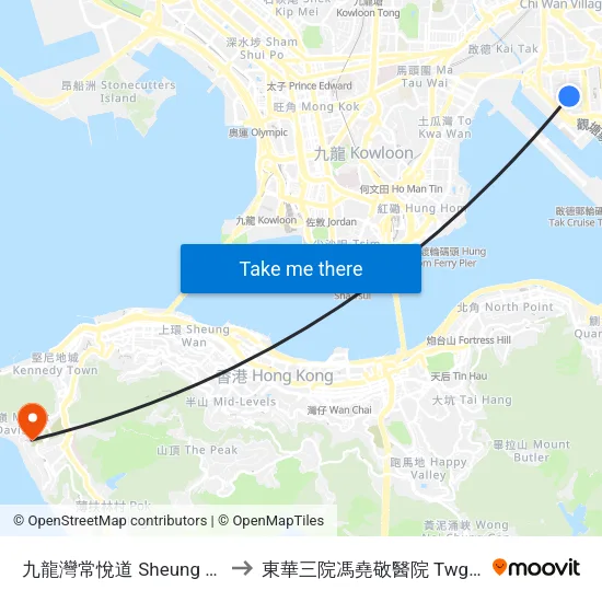 九龍灣常悅道 Sheung Yuet Road Kowloon Bay to 東華三院馮堯敬醫院 Twghs Fung Yiu King Hospital map