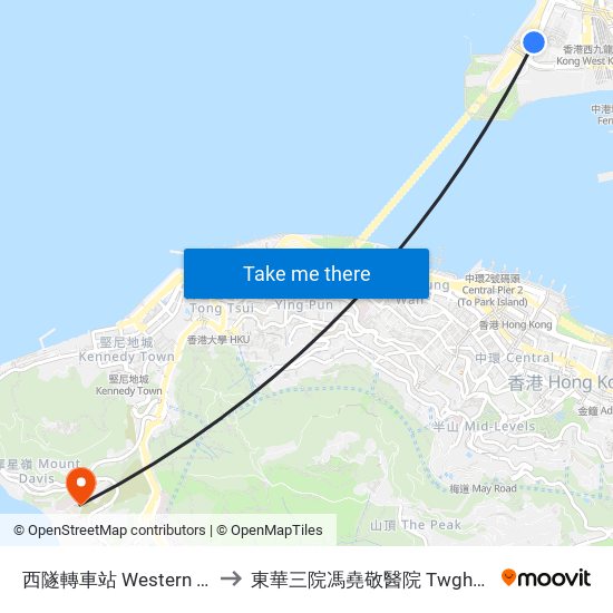 西隧轉車站 Western Harbour Tunnel Bbi to 東華三院馮堯敬醫院 Twghs Fung Yiu King Hospital map