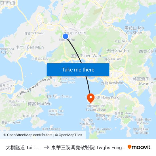 大欖隧道 Tai Lam Tunnel to 東華三院馮堯敬醫院 Twghs Fung Yiu King Hospital map