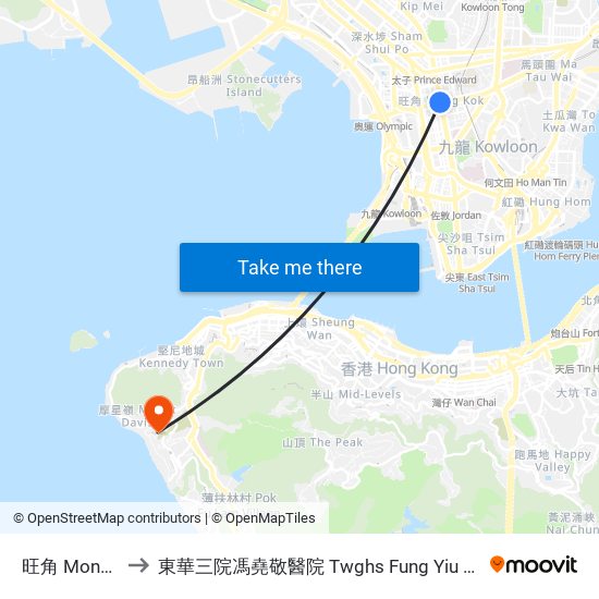 旺角 Mong Kok to 東華三院馮堯敬醫院 Twghs Fung Yiu King Hospital map