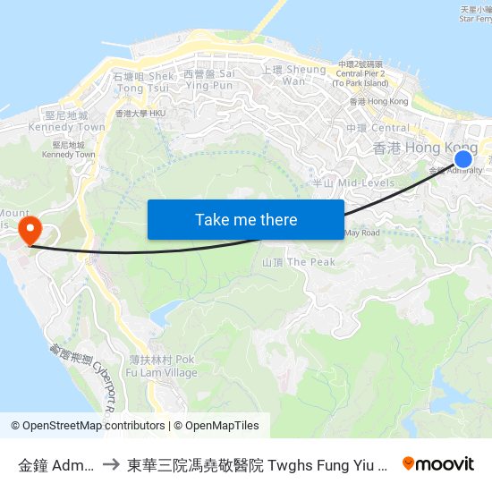 金鐘 Admiralty to 東華三院馮堯敬醫院 Twghs Fung Yiu King Hospital map