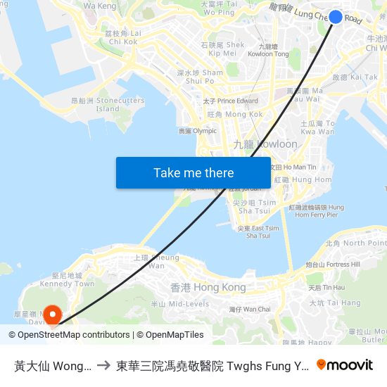 黃大仙 Wong Tai Sin to 東華三院馮堯敬醫院 Twghs Fung Yiu King Hospital map