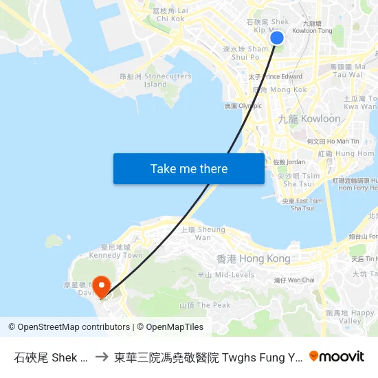 石硤尾 Shek Kip Mei to 東華三院馮堯敬醫院 Twghs Fung Yiu King Hospital map