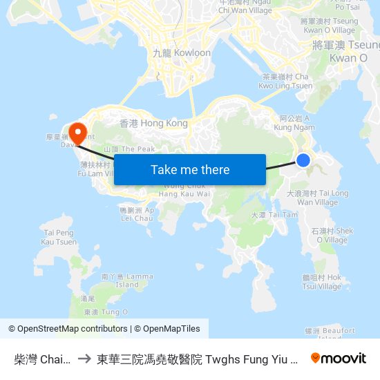 柴灣 Chai Wan to 東華三院馮堯敬醫院 Twghs Fung Yiu King Hospital map