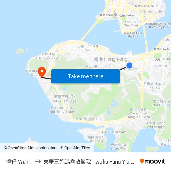 灣仔 Wan Chai to 東華三院馮堯敬醫院 Twghs Fung Yiu King Hospital map