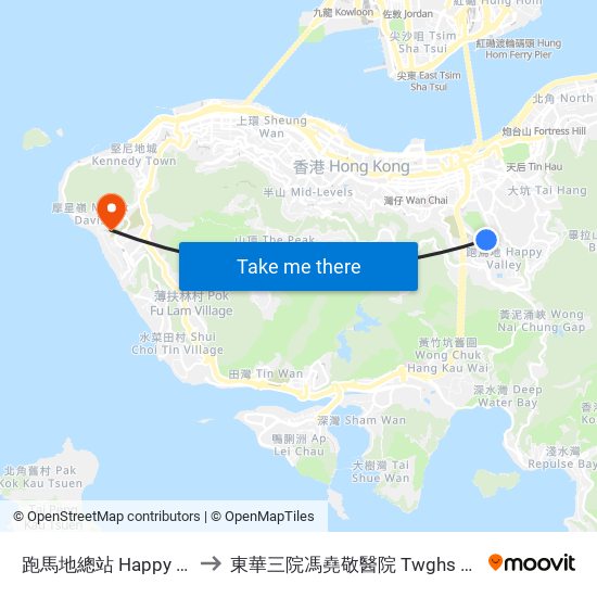 跑馬地總站 Happy Valley Terminus to 東華三院馮堯敬醫院 Twghs Fung Yiu King Hospital map