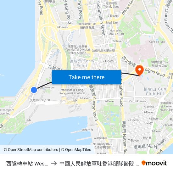 西隧轉車站 Western Harbour Tunnel Bbi to 中國人民解放軍駐香港部隊醫院 People's Liberation Army Garrison Hospital map