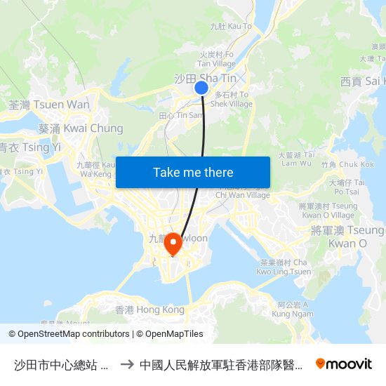 沙田市中心總站 Shatin Central Bus Terminus to 中國人民解放軍駐香港部隊醫院 People's Liberation Army Garrison Hospital map