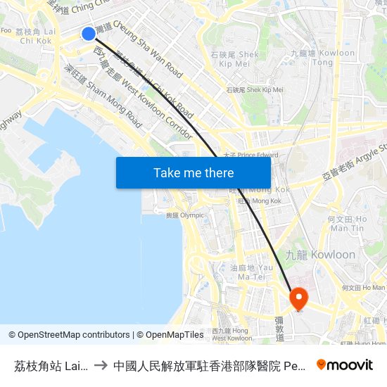 荔枝角站 Lai Chi Kok Station to 中國人民解放軍駐香港部隊醫院 People's Liberation Army Garrison Hospital map