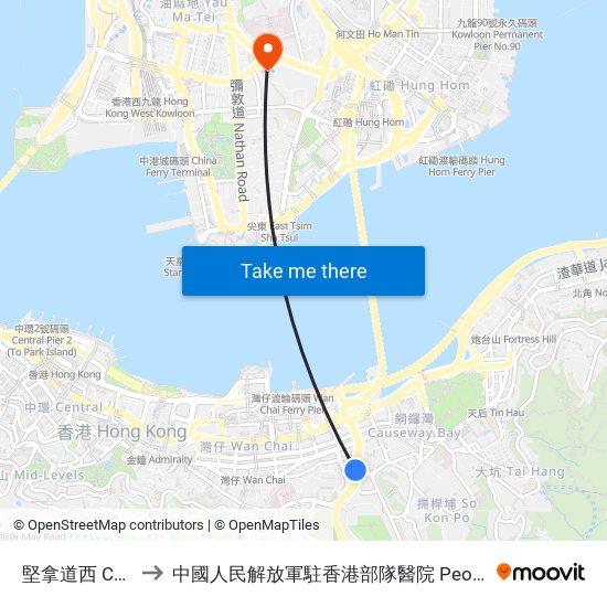 堅拿道西 Canal Road West to 中國人民解放軍駐香港部隊醫院 People's Liberation Army Garrison Hospital map