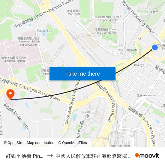 紅磡平治街 Ping Chi Street Hung Hom to 中國人民解放軍駐香港部隊醫院 People's Liberation Army Garrison Hospital map