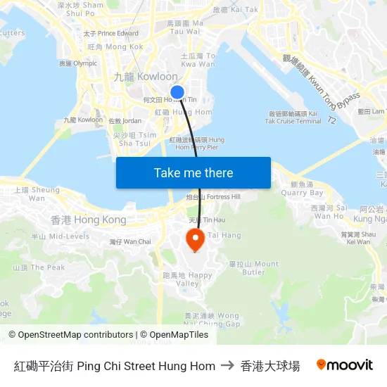 紅磡平治街 Ping Chi Street Hung Hom to 香港大球場 map