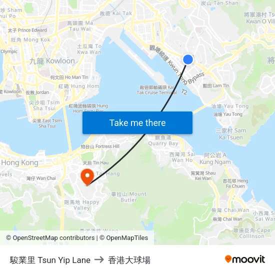 駿業里 Tsun Yip Lane to 香港大球場 map