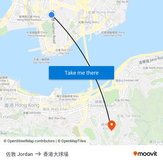 佐敦 Jordan to 香港大球場 map