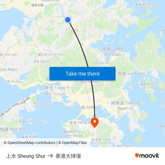 上水 Sheung Shui to 香港大球場 map