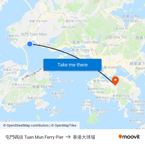 屯門碼頭 Tuen Mun Ferry Pier to 香港大球場 map