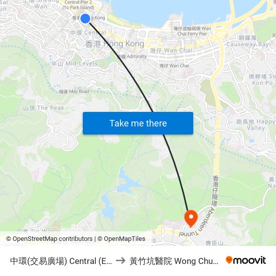 中環(交易廣場) Central (Exchange Square) to 黃竹坑醫院 Wong Chuk Hang Hospital map