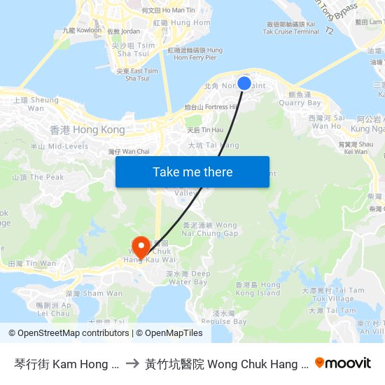 琴行街 Kam Hong Street to 黃竹坑醫院 Wong Chuk Hang Hospital map