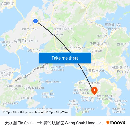 天水圍 Tin Shui Wai to 黃竹坑醫院 Wong Chuk Hang Hospital map