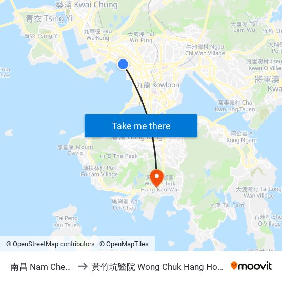 南昌 Nam Cheong to 黃竹坑醫院 Wong Chuk Hang Hospital map