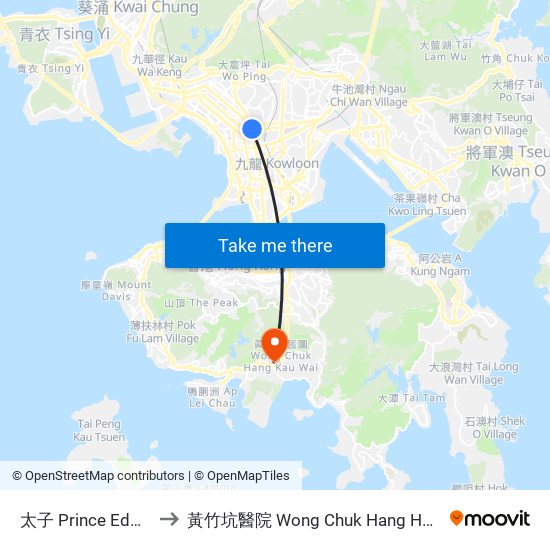 太子 Prince Edward to 黃竹坑醫院 Wong Chuk Hang Hospital map