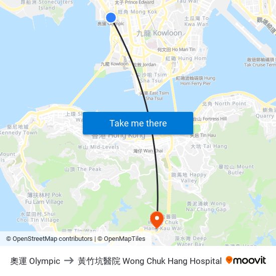 奧運 Olympic to 黃竹坑醫院 Wong Chuk Hang Hospital map