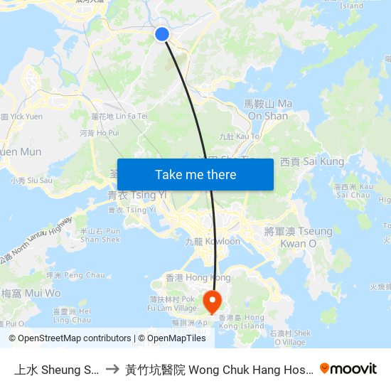 上水 Sheung Shui to 黃竹坑醫院 Wong Chuk Hang Hospital map