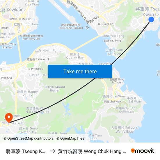 將軍澳 Tseung Kwan O to 黃竹坑醫院 Wong Chuk Hang Hospital map