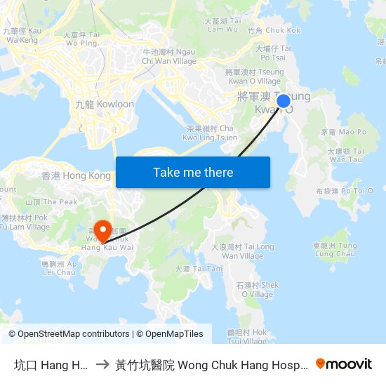 坑口 Hang Hau to 黃竹坑醫院 Wong Chuk Hang Hospital map