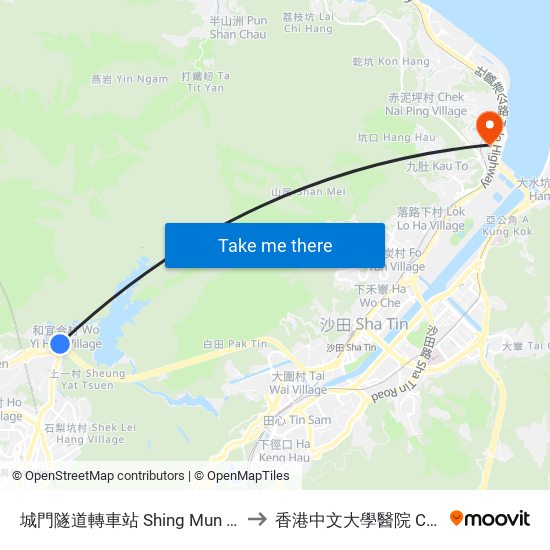 城門隧道轉車站 Shing Mun Tunnels Bus Interchange to 香港中文大學醫院 Cuhk Medical Centre map