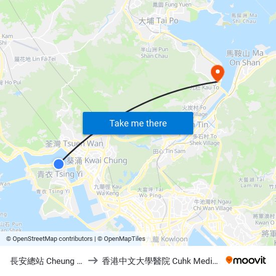 長安總站 Cheung on B/T to 香港中文大學醫院 Cuhk Medical Centre map