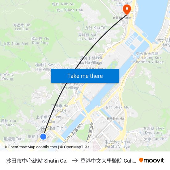 沙田市中心總站 Shatin Central Bus Terminus to 香港中文大學醫院 Cuhk Medical Centre map