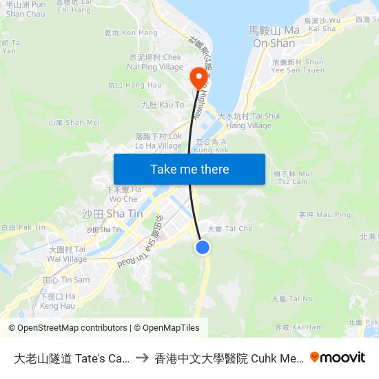 大老山隧道 Tate's Cairn Tunnel to 香港中文大學醫院 Cuhk Medical Centre map