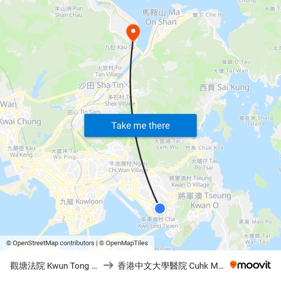 觀塘法院 Kwun Tong Law Courts to 香港中文大學醫院 Cuhk Medical Centre map