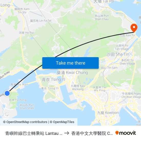 青嶼幹線巴士轉乘站 Lantau Link Bus-Bus Interchange to 香港中文大學醫院 Cuhk Medical Centre map