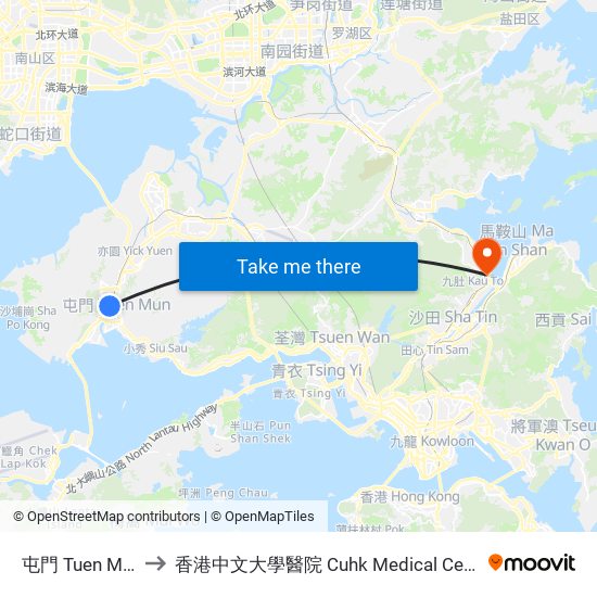 屯門 Tuen Mun to 香港中文大學醫院 Cuhk Medical Centre map