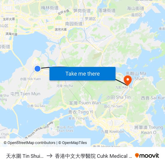 天水圍 Tin Shui Wai to 香港中文大學醫院 Cuhk Medical Centre map
