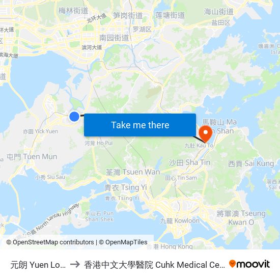 元朗 Yuen Long to 香港中文大學醫院 Cuhk Medical Centre map