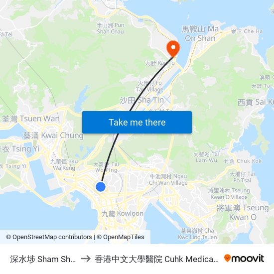 深水埗 Sham Shui Po to 香港中文大學醫院 Cuhk Medical Centre map