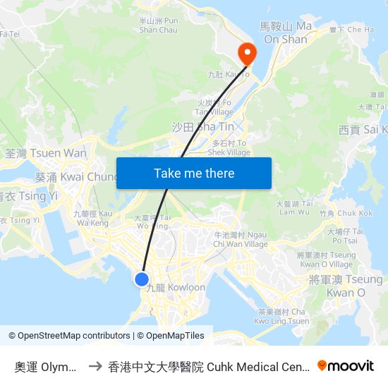 奧運 Olympic to 香港中文大學醫院 Cuhk Medical Centre map