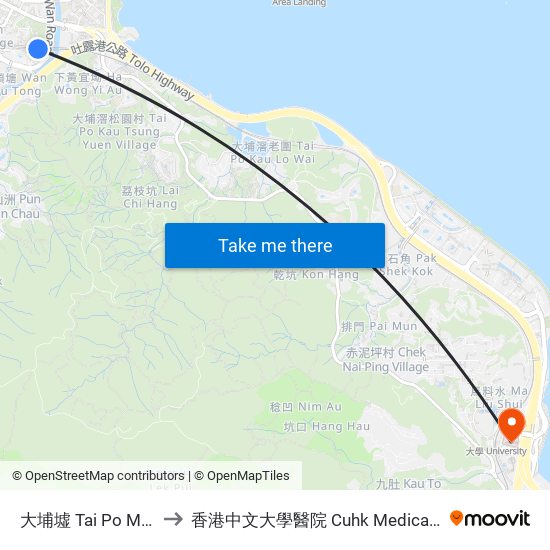 大埔墟 Tai Po Market to 香港中文大學醫院 Cuhk Medical Centre map