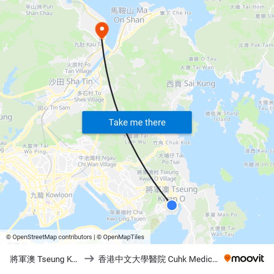 將軍澳 Tseung Kwan O to 香港中文大學醫院 Cuhk Medical Centre map