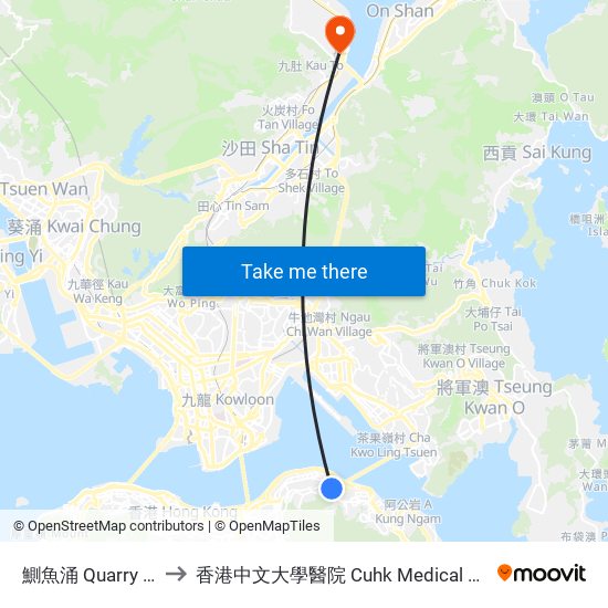 鰂魚涌 Quarry Bay to 香港中文大學醫院 Cuhk Medical Centre map